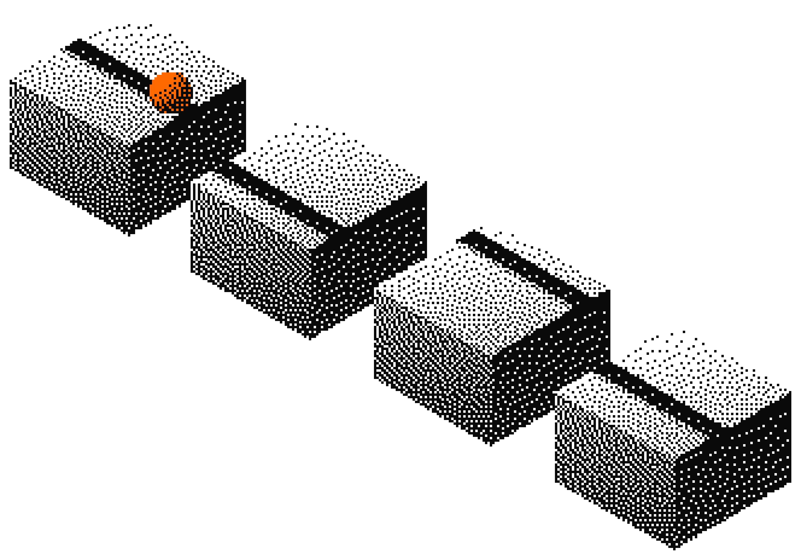 Four dithered isometric blocks stepping down in a line, each with its own groove, and an orange ball at the start of the first