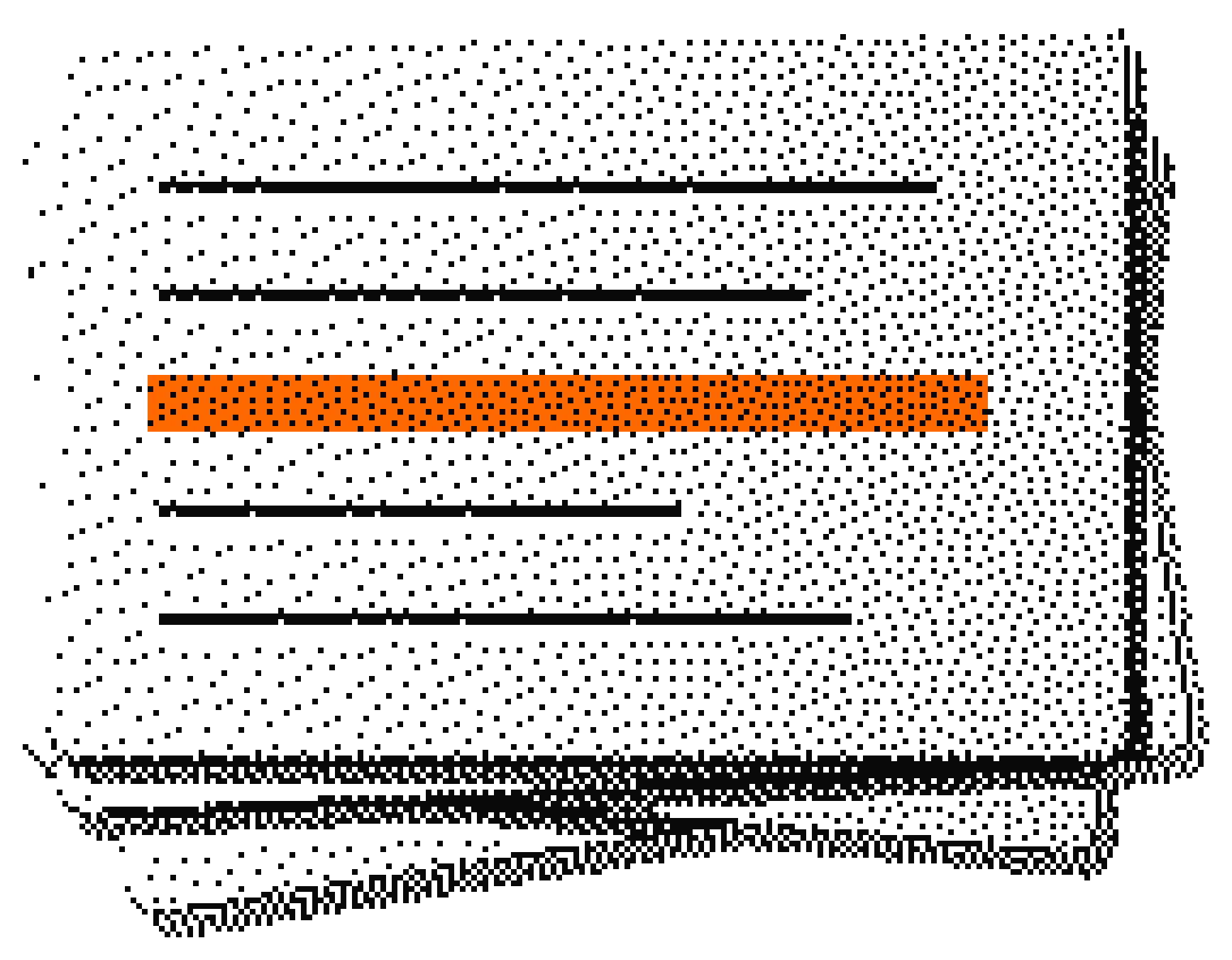 A dithered stack of note pages, one line highlighted in orange