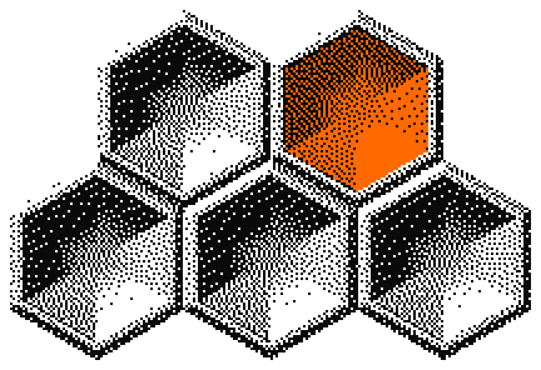 Five dithered isometric cubes stacked in a hive, one picked out in orange